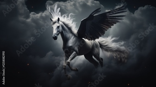 photograph of Flying in the clouds, isolated pegasus on dark background, with faint smoke