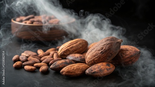 Smoked Cocoa Beans: Aromatic cocoa beans, still warm from the smoking process,  lie scattered on a dark surface near a wooden bowl, creating a rich and inviting image.