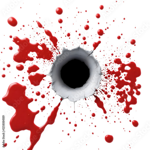 Impactful illustration of a bullet hole surrounded by blood splatter