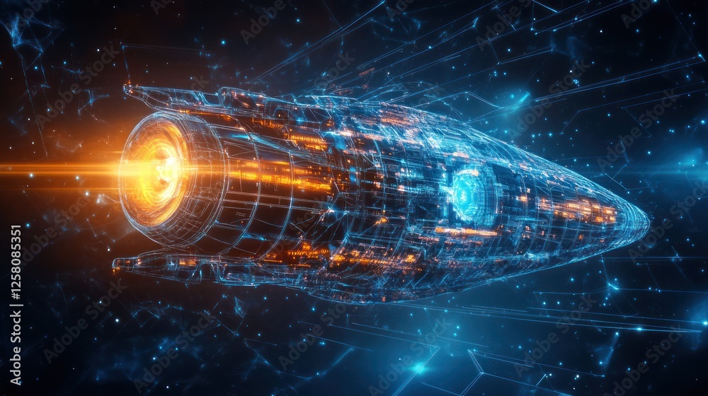 Fototapeta premium Futuristic spaceship engine, digital wireframe, glowing orange and blue, space travel, technology.