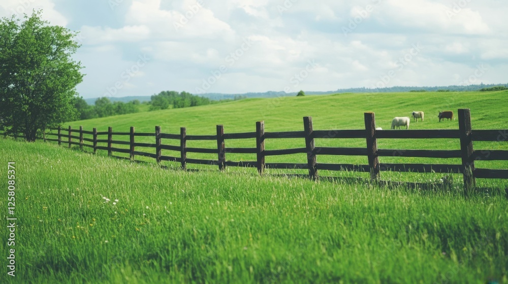 Tranquil countryside scene with cows grazing in lush green meadow Tranquil countryside scene with cows grazing in lush green meadow