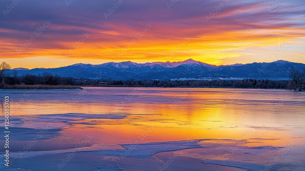 Fototapeta premium A peaceful sunrise over snow-capped mountains, casting vibrant colors onto the icy lake below, capturing early morning tranquility.