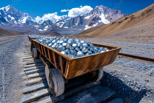 Minerals pebbles in a cart on rails. Generative AI photo