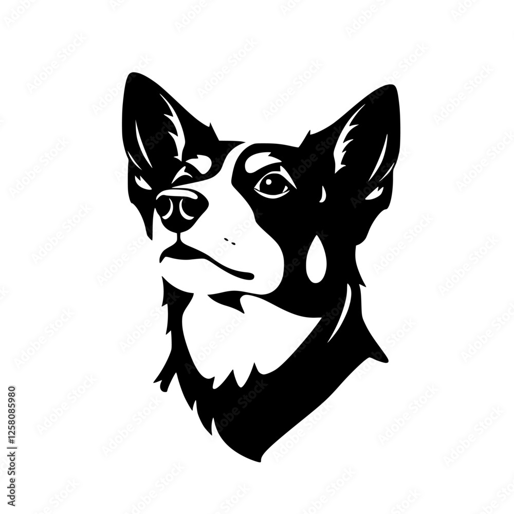Black-and-white minimal portrait of a dog, showing the head, featuring sharp lines, sharp shadows, and a stark contrast. Black-and-white minimal portrait of a dog, showing the head, featuring sharp lines, sharp shadows, and a stark contrast.