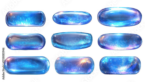 Colorful cosmic glass buttons with a galaxy effect, suitable for web design and digital interfaces