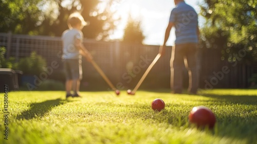 Father and son play croquet outdoors.
