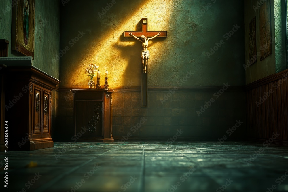 Naklejka premium Sunlit Chapel Crucifixion Scene