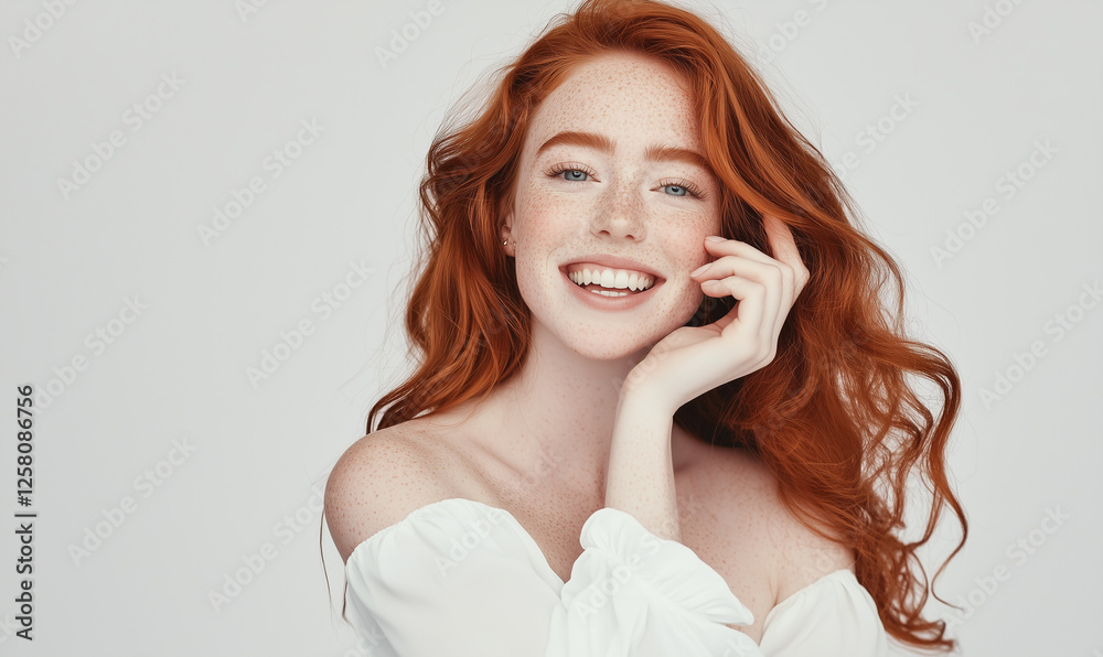 Fototapeta premium portrait of elegant pretty young woman with ginger long hair style in white clothes smiling posing on white background, pretty cute candid beauty portrait, natural look, face skin with freckles