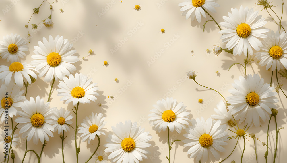 Fototapeta premium Daisies and shadows on beige background