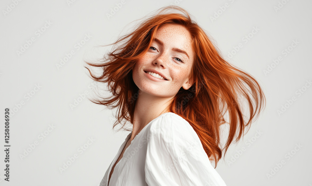 portrait of elegant pretty young woman with ginger long hair style in white clothes smiling posing on white background, pretty cute candid beauty portrait, natural look, face skin with freckles portrait of elegant pretty young woman with ginger long hair style in white clothes smiling posing on white background, pretty cute candid beauty portrait, natural look, face skin with freckles