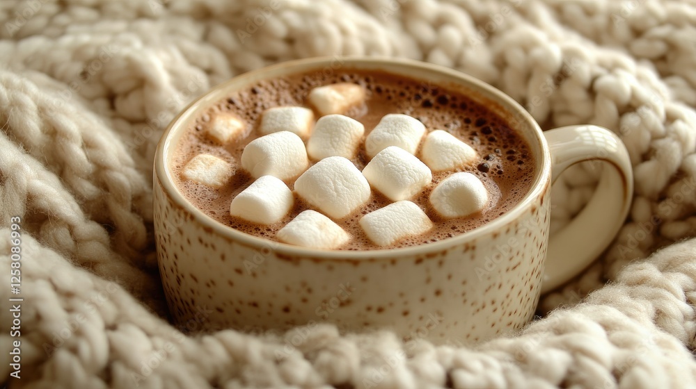 A rich cup of hot cocoa topped with marshmallows resting on a soft, knitted blanket, perfect for a cozy winter setting. A rich cup of hot cocoa topped with marshmallows resting on a soft, knitted blanket, perfect for a cozy winter setting.