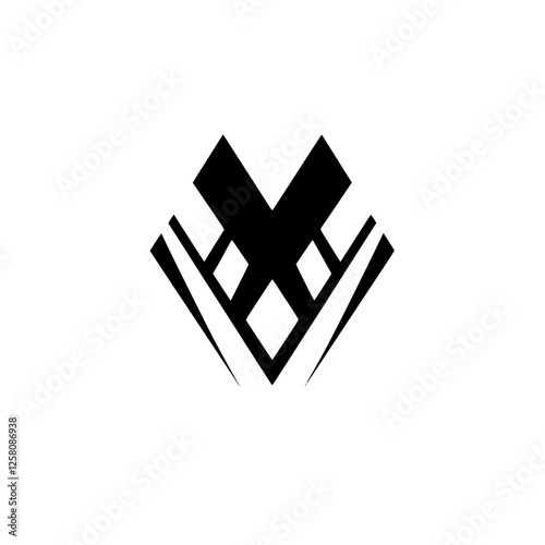 Abstract black and white geometric design featuring black shapes with white geometric design on a white background.