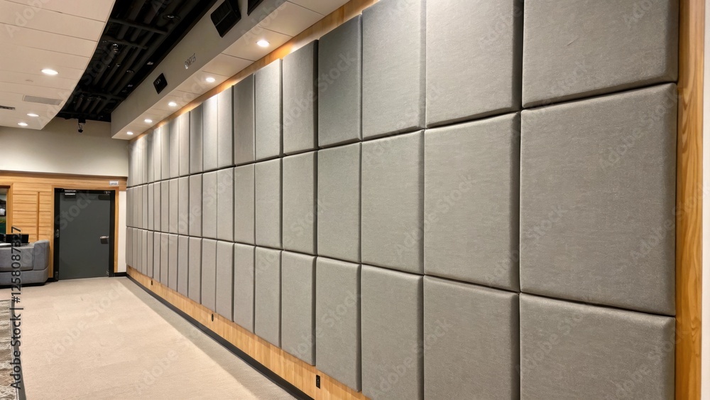 Obraz premium A medium closeup of a completed section of soundproofed wall showcasing the uniformity and color of the panels against adjacent surfaces.