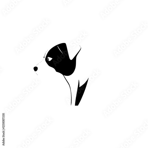 Minimalist black and white dog profile, clean lines, white background, dog with spotted ear and snout, simple composition.