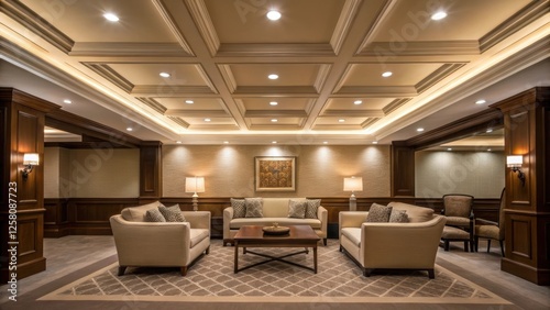 A medium closeup of a cozy seating area beneath a coffered ceiling with soft recessed lighting illustrating how the ceiling design draws the eye downward to the inviting furniture