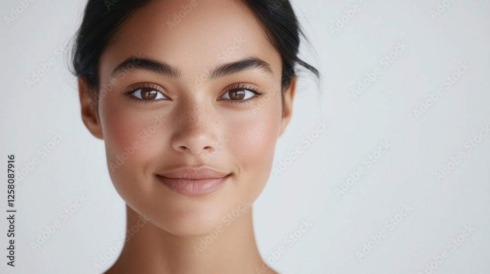 A beautiful woman with clean and delicate skin, wearing light makeup on her face. She has an oval-shaped facial structure that is soft in shape, without any wrinkles or blemishes A beautiful woman with clean and delicate skin, wearing light makeup on her face. She has an oval-shaped facial structure that is soft in shape, without any wrinkles or blemishes
