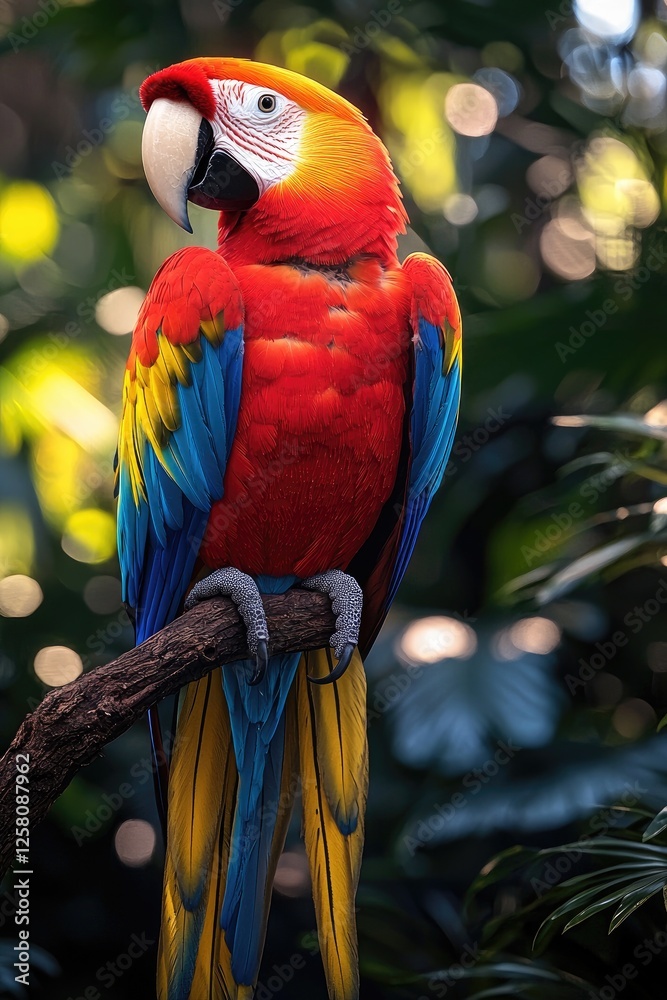 Obraz premium Scarlet Macaw Perched on Branch in Lush Green Foliage