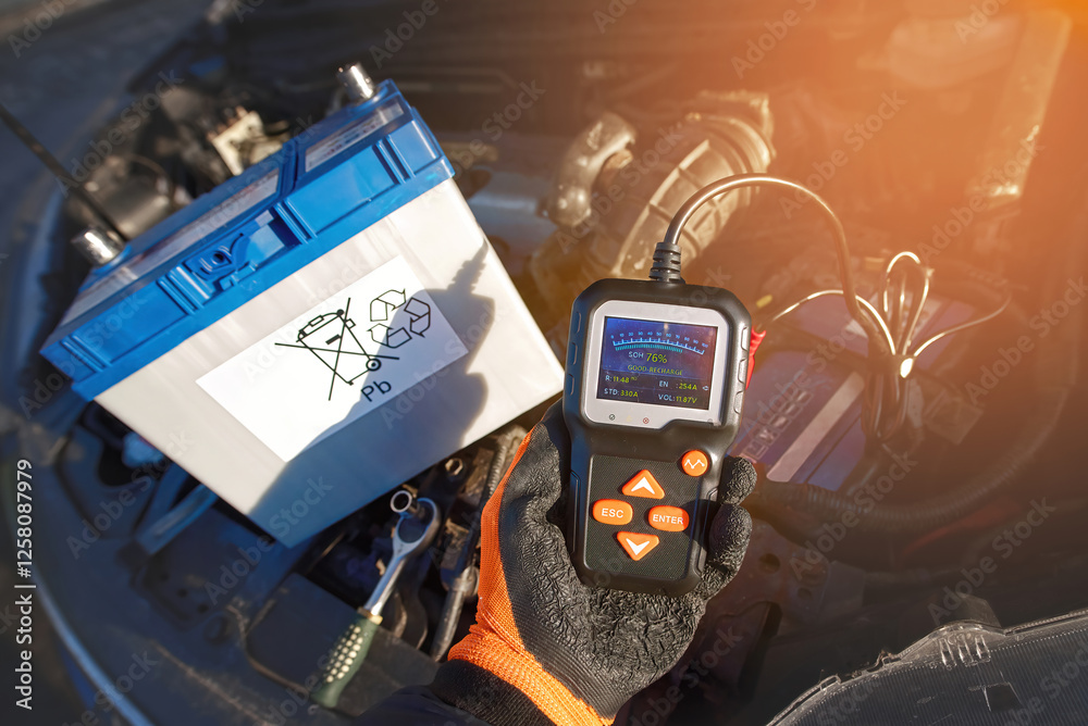 Man under car hood replacing old battery with new one ensuring proper vehicle function and maintenance for better performance. Man checking car battery with battery tester comparing batteries