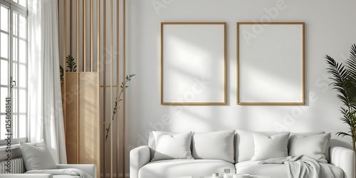 Modern living room, sunlight, white sofa, wooden room divider, artwork mockups