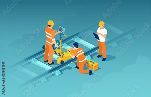 railway engineer and subway maintenance workers inspecting rail tracks, isometric vector