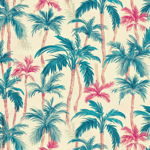 teal and pink and coral tropical pattern on a cream background
