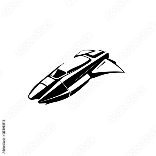 Futuristic spaceship soaring through a stark white background: Vector-style illustration of a sleek, angled spacecraft with clean, modern lines.