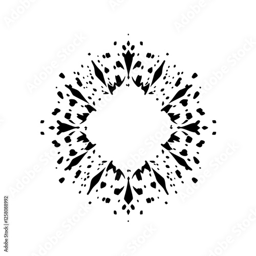 Black and white abstract floral design with a central circular opening and dot pattern around it.