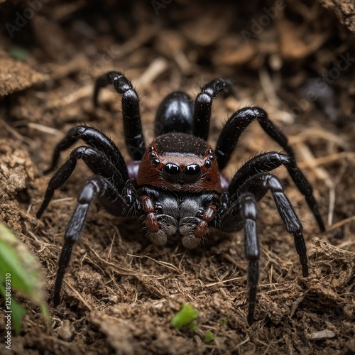 spider generative ai  Black Scorpion  A detailed view of a Sydney Funnel web spider perched on a rock, showcasing its intricate body structure and movements as it navigates its
