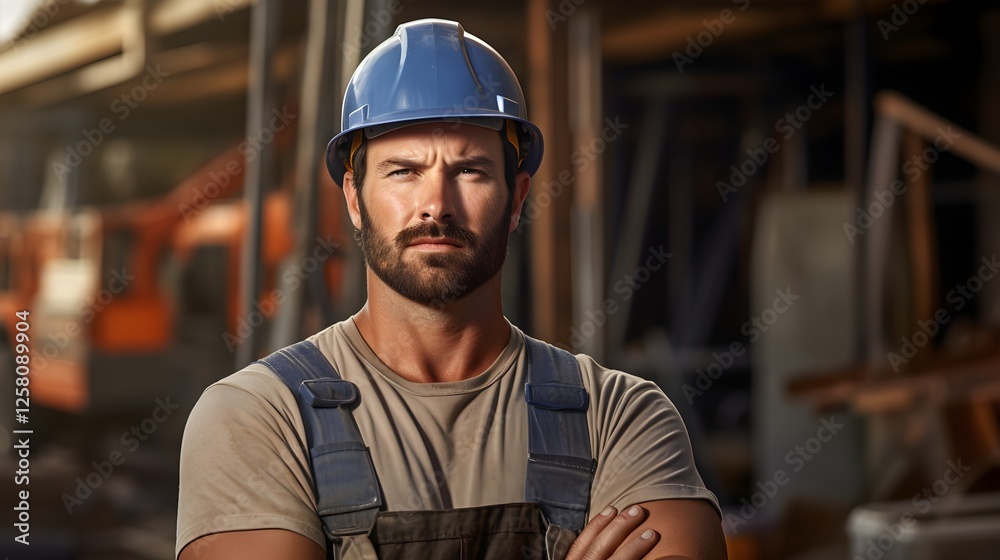 Confident Construction Worker Portrait Hard Hat Serious Expression Building Site Background Confident Construction Worker Portrait Hard Hat Serious Expression Building Site Background