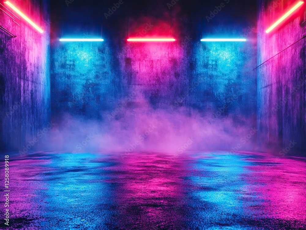 Fototapeta premium Vibrant neon lighting showcase urban studio photography nighttime wide angle artistic expression