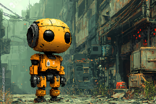 Description: A pixel art animation of a retro video game character roaming a futuristic cyber world, featuring neon lights, towering skyscrapers, and glowing digital displays.
