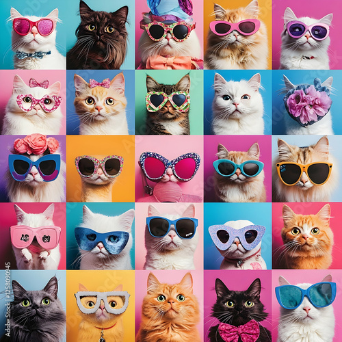 Wallpaper Mural Funny Cat Meme Collage with Accessories, colorful vibrant image grid collection Torontodigital.ca