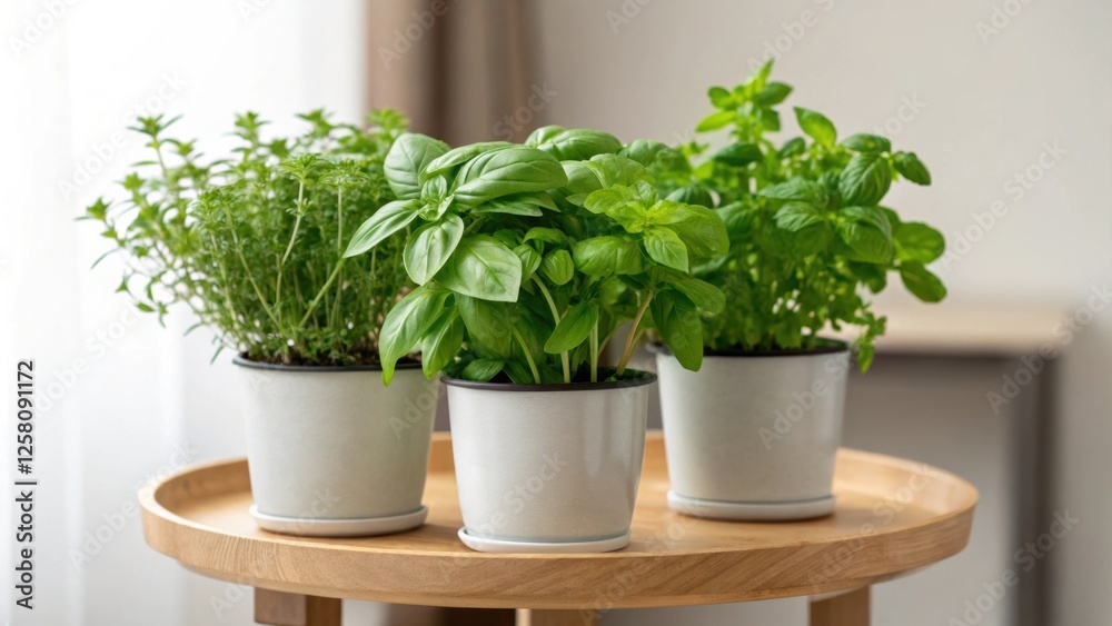 A medium closeup of a small table with potted herbs their aromatic leaves adding color and fragrance to the space emphasizing the functional aspect of indoor gardening. A medium closeup of a small table with potted herbs their aromatic leaves adding color and fragrance to the space emphasizing the functional aspect of indoor gardening.