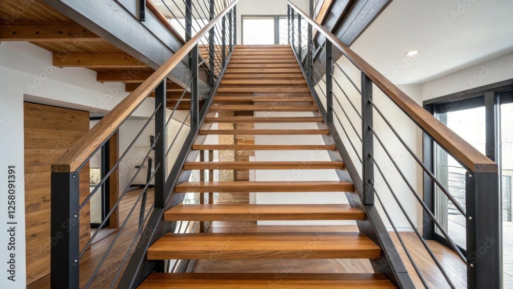 Fototapeta premium A medium closeup of a staircase with open risers made of wood and metal emphasizing the airy feel and seamless flow of space in the loft.