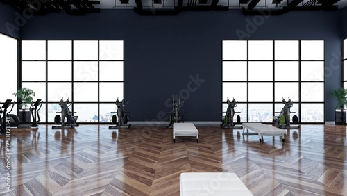 Black blank wall in modern gym interior with wooden floor