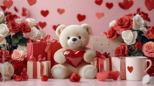 Cute teddy bear holding a red heart surrounded by roses, gift boxes, and romantic decorations for Valentine's Day

