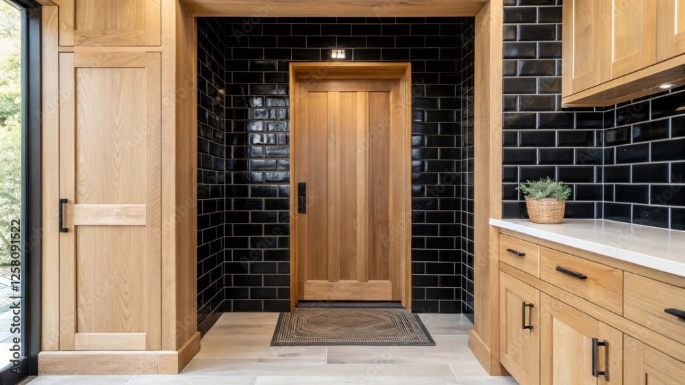 A medium closeup of a stylish entryway featuring a glossy black subway tile accent wall that contrasts with lightcolored wooden accents creating an inviting and modern atmosphere. A medium closeup of a stylish entryway featuring a glossy black subway tile accent wall that contrasts with lightcolored wooden accents creating an inviting and modern atmosphere.