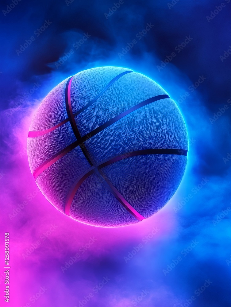 Fototapeta premium Glowing Neon Basketball in Smoke - A vibrant blue basketball illuminated by neon lights, encircled by purple and blue smoke. Symbolizing energy, competition, victory, dynamism, and aspiration