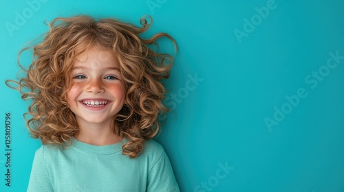 A delighted girl with curly hair and adorable freckles smiles brightly, radiating joy against a soft turquoise backdrop, emphasizing the essence of childhood innocence and cheerfulness. photo