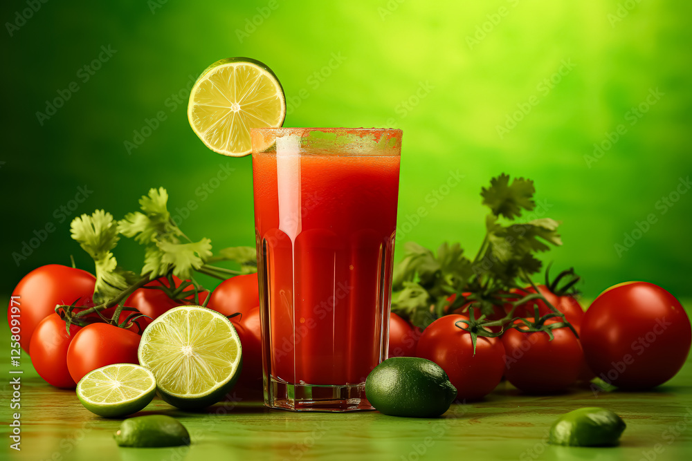 Glass of red juice with a lime slice on top is surrounded by tomatoes and limes. Concept of freshness and health, as the fruits are natural and nutritious. The arrangement of the fruits Glass of red juice with a lime slice on top is surrounded by tomatoes and limes. Concept of freshness and health, as the fruits are natural and nutritious. The arrangement of the fruits