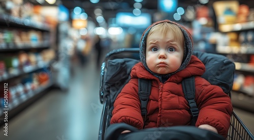 Lost chid in supermarket, A young child sits in a shopping cart, wearing a red jacket and a hood, gazing intently as shoppers move through a bustling grocery store during daylight photo