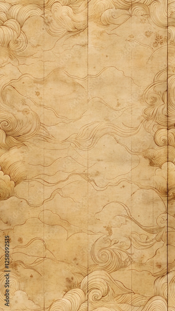 Aged parchment paper background featuring a repeating pattern of beige floral and geometric designs. The texture is slightly rough, giving an antique look.