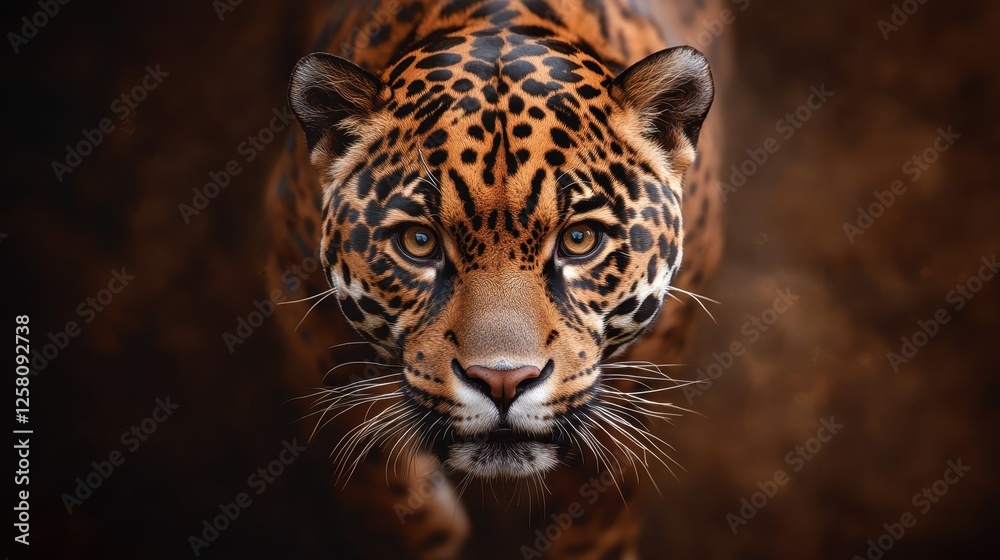 Fototapeta premium This striking image of a focused leopard in motion illustrates the powerful presence and intensity of this wild feline, emphasizing its strength and agility in the natural world.