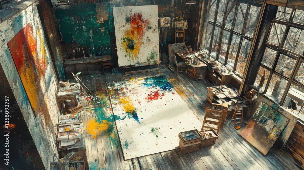 A top-down view of a creative painting action in an artistic studio, with colorful splashes and textures combining to create an expressive and vibrant abstract environment. A top-down view of a creative painting action in an artistic studio, with colorful splashes and textures combining to create an expressive and vibrant abstract environment.