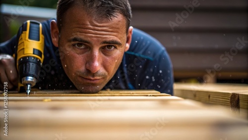 A medium closeup of a worker using a power drill to secure deck boards sweat glistening on their forehead embodying the laborious renovation process.