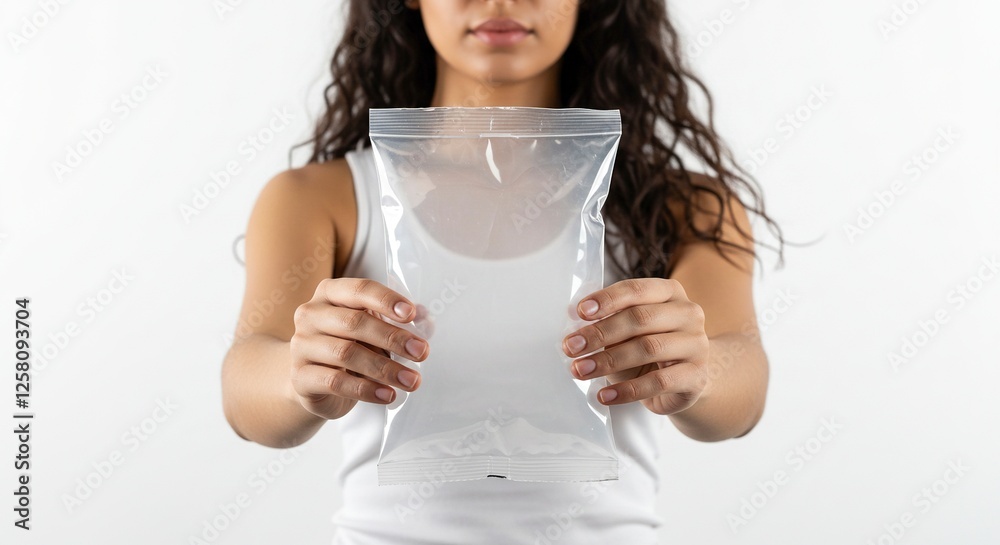Woman Holding Clear Plastic Package Mockup for Food or Product Display Woman Holding Clear Plastic Package Mockup for Food or Product Display