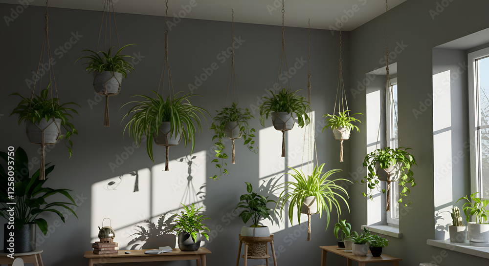 Bright Room with Lush Hanging Planters Bright Room with Lush Hanging Planters