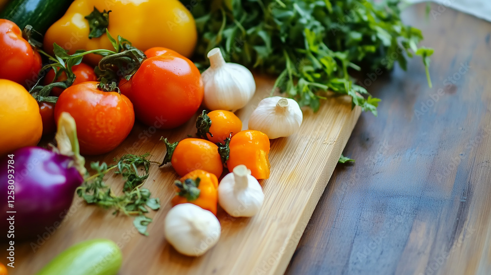farm-to-table style serving of fresh picking vegetables, on light wooden board, natural texture of products. photorealistic view farm-to-table style serving of fresh picking vegetables, on light wooden board, natural texture of products. photorealistic view