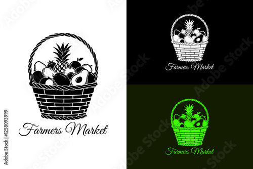 fruits basket filled with various fruits, fruits shop, farmers market logo, supermarket, grocery store, mart, superstore, organic food market, natural, garden, agriculture, vector, logo