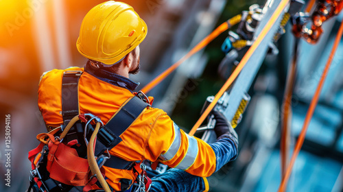 technician in safety harness works on wind turbine, showcasing skill and focus
